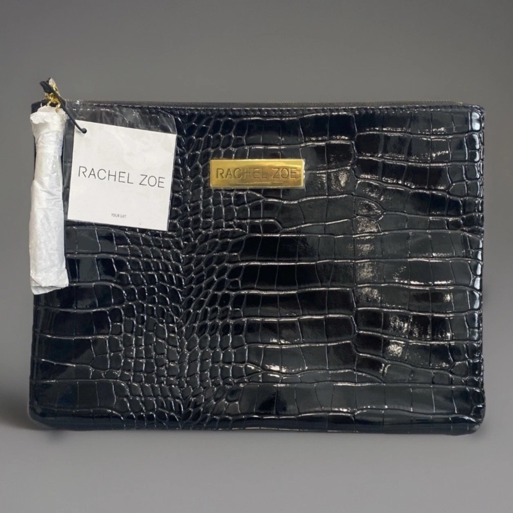 Rachel Zoe Cosmetic Bag Travel Black Crocodile Pattern 11x8 NEW W/ Tags Zipper